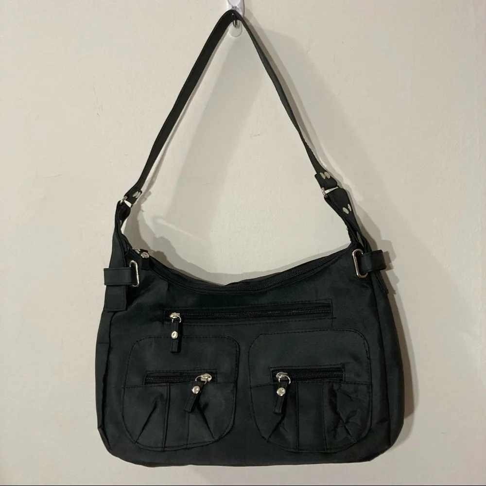 Black Sateen Silver Grommet Shoulder Bag Y2K Style Front Pockets Zipper Purse